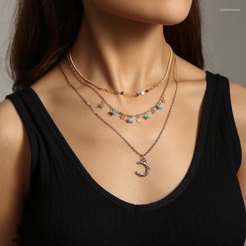 

Choker Fashion Necklaces For Women Multi-Layer Turquoise Moon Statement Necklace Gold Chains Chunky Jewelry Party Accessories