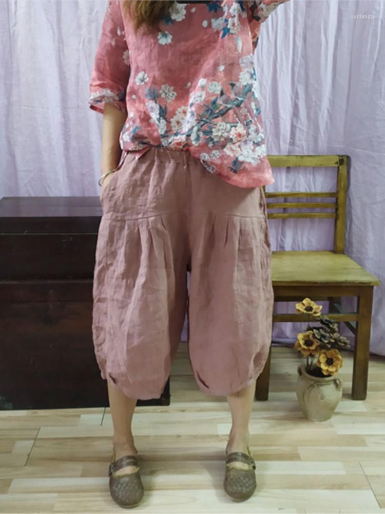 

Women's Pants Women's & Capris Womens Trousers Solid Color Ramie Elastic Waist Original Wide-legged Loose Casual Knee Length Women