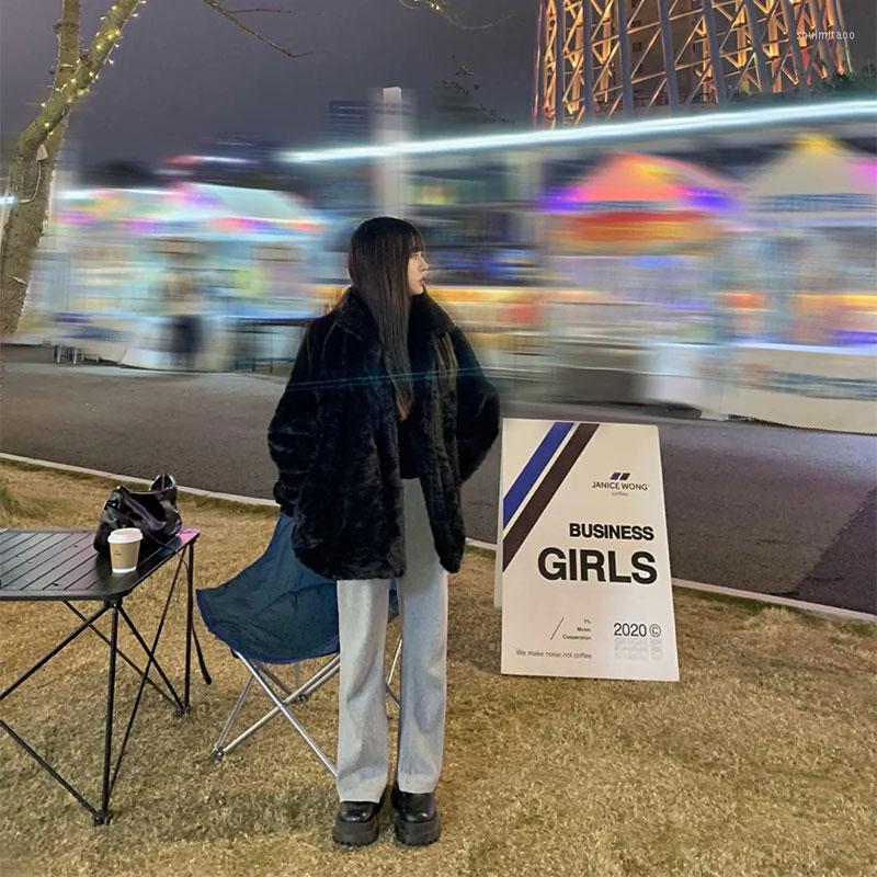 

Women' Fur Women' Faux Jacket Female Loose Zip Outwear Winter Fashion Stand Collar Thicken Flurry Coat K174, Black