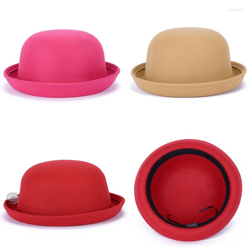 

Berets Autumn Winter Wool Felt Fedoras Hat Solid Dome Princess Bowler Chapeau Headgear Trilby For Children Boyg Girls GH-18, Red