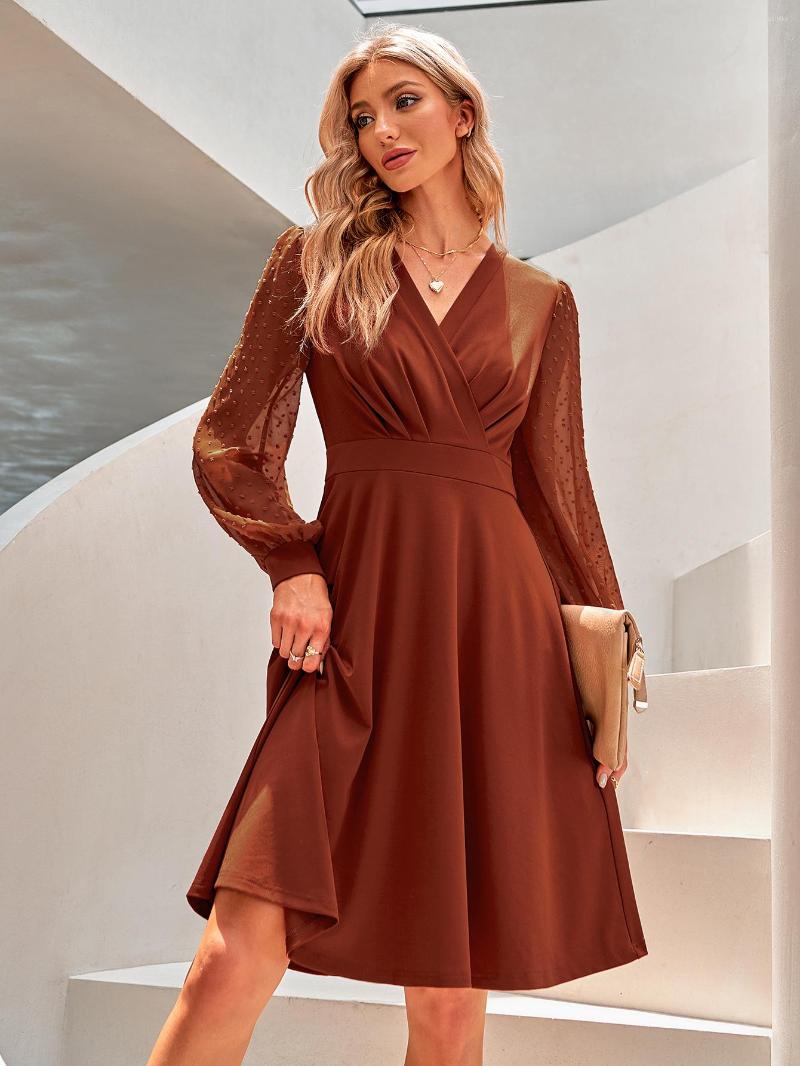 

Casual Dresses A Line Elegant Even Dress For Women Spring V-Neck Office Ladies Party 2022 Autumn Fahshion Lantern Long Sleeve Vestidos, Black