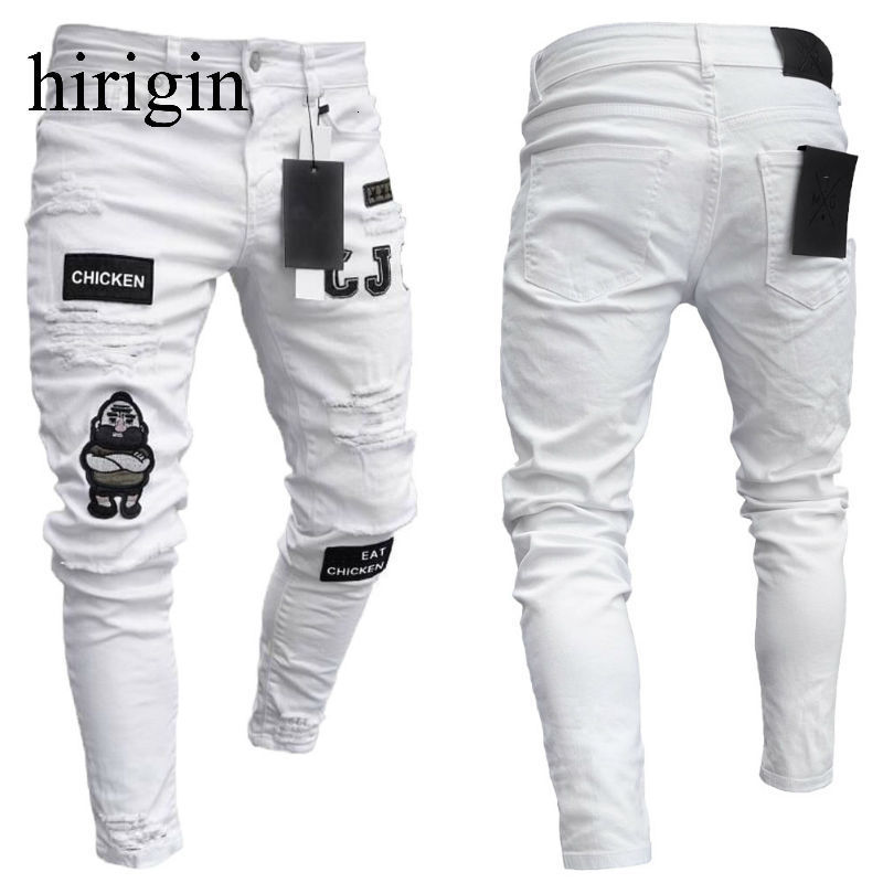 

Men's Jeans Men Stretchy Ripped Skinny Biker Embroidery Print Destroyed Hole Taped Slim Fit Denim Scratched High Quality Jean 3 Styles 221128, Black