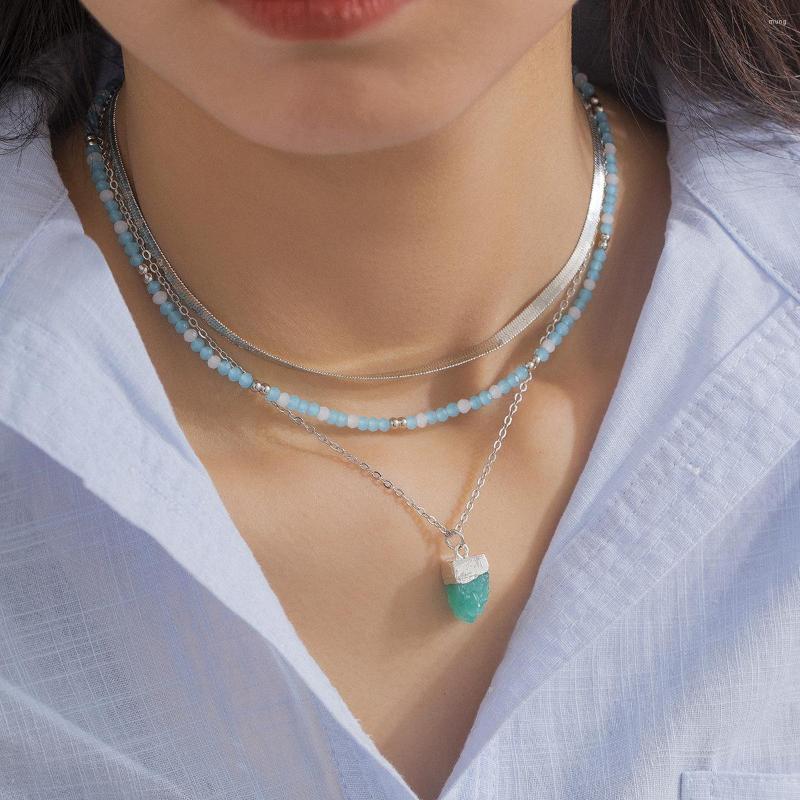 

Choker Multi Layer Seed Beads Chains Trendy Genuine Green Natural Stone Beaded Charm Pendant Necklace For Women Clavicle
