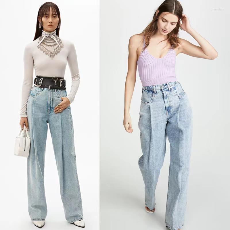 

Women's Jeans 2022 European And American Women's Clothing Heavy Process Folding High Waist Non-stretch Loose Wide-leg Pants, Blue