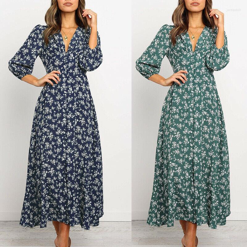

Casual Dresses Women Floral V Neck Maxi Dress 2022 Spring Fall Ladies Long Puff Sleeve Flared Fashion Female Buttons Swing A-Line, Green