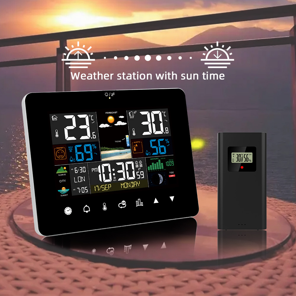 Weather Station with Touch Screen Wall Clock Temperature Humidity Meter Table Desk Clocks with Outdoor Sensor-image-823772507