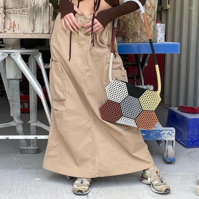 

Skirts Gaono Y2K Retro Cargo Big Pockets Chic Women Drawstring Low Waist Baggy Long Skirt Preppy Harajuku Grunge Vintage Bottoms, Khaki