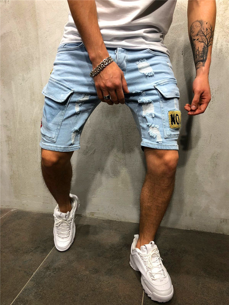

Men's Jeans Summer Stretch Straight Short Fashion Casual Slim Fit High Quality Elastic Badge Pockets Hole Denim Shorts Male 221128, Dark blue