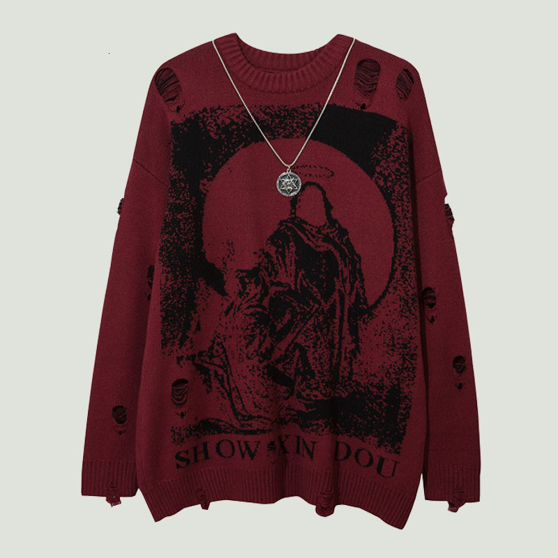 

Men's Sweaters Harajuku Priest Salvation Printed Knitwears Women Streetwear Hip Hop Destroyed Hole Ripped Pullovers Jumper Oversized Men 221128, Red
