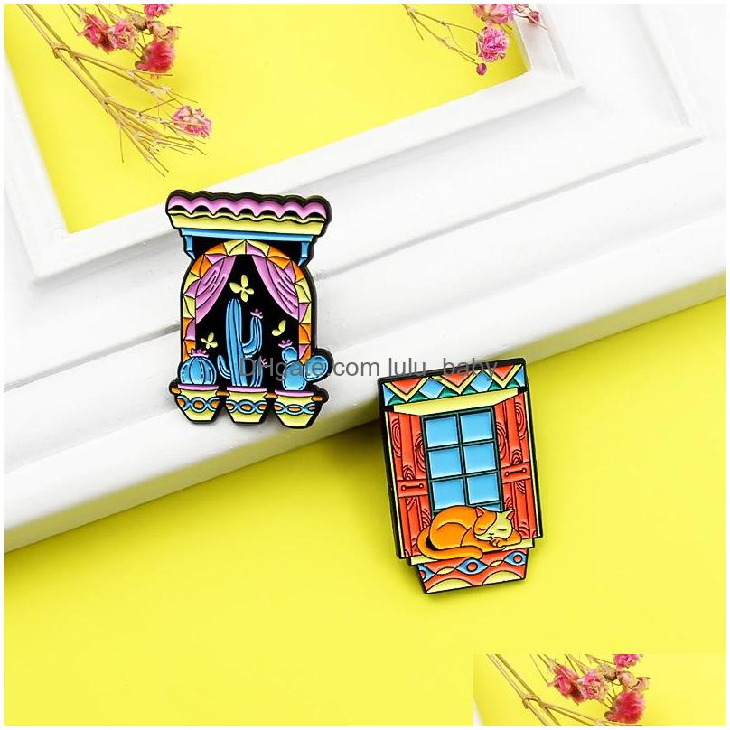 

Pins Brooches Cartoon Windowsill Under Night Sky Brooches For Women Cactus Lazy Cat Paint Enamel Badges Fashion Alloy Pin Denim Shi Dh8We