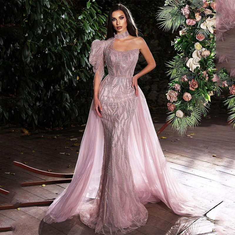 

Fancy Pink Prom Dresses High Neck One Shoulder Party Dresses Crystals Lace Tassels with Overskirts Custom Made Evening Dress, Same as picture