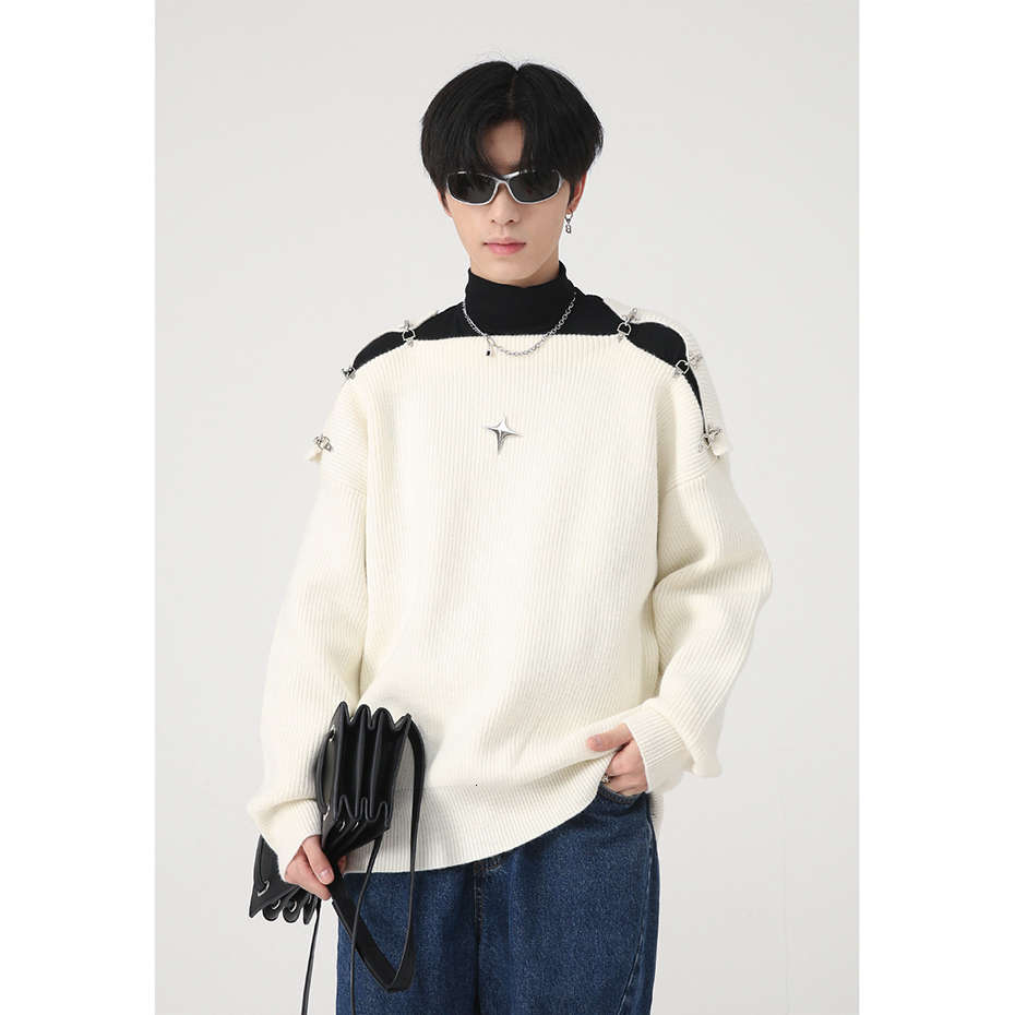 

Men's Sweaters Open Shoulder Fashion Sweater Metal Button Designer Knitted Jumpers Men Black White Casual Sweaters 221128