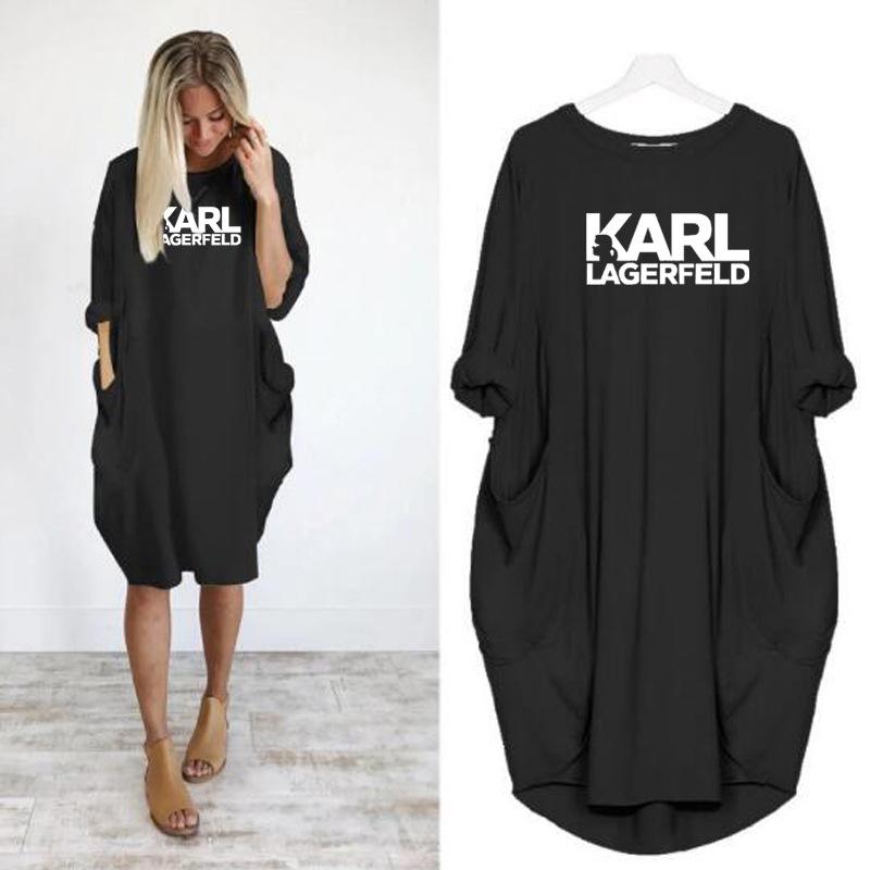 

2022 Women Karl Casual Loose Dress Letter Spring Autumn Big Size 4xl 5XL Plus Size Clothing Dress, Gray
