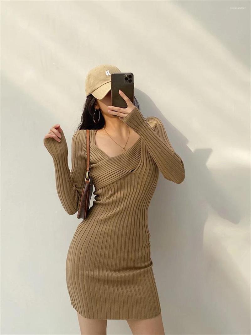 

Casual Dresses Spring Autumn Street Style Solid Color Elastic Long-sleeved Knitted Hip Skirt Women Sexy All-match Cross-collar Dress Ms, Beige