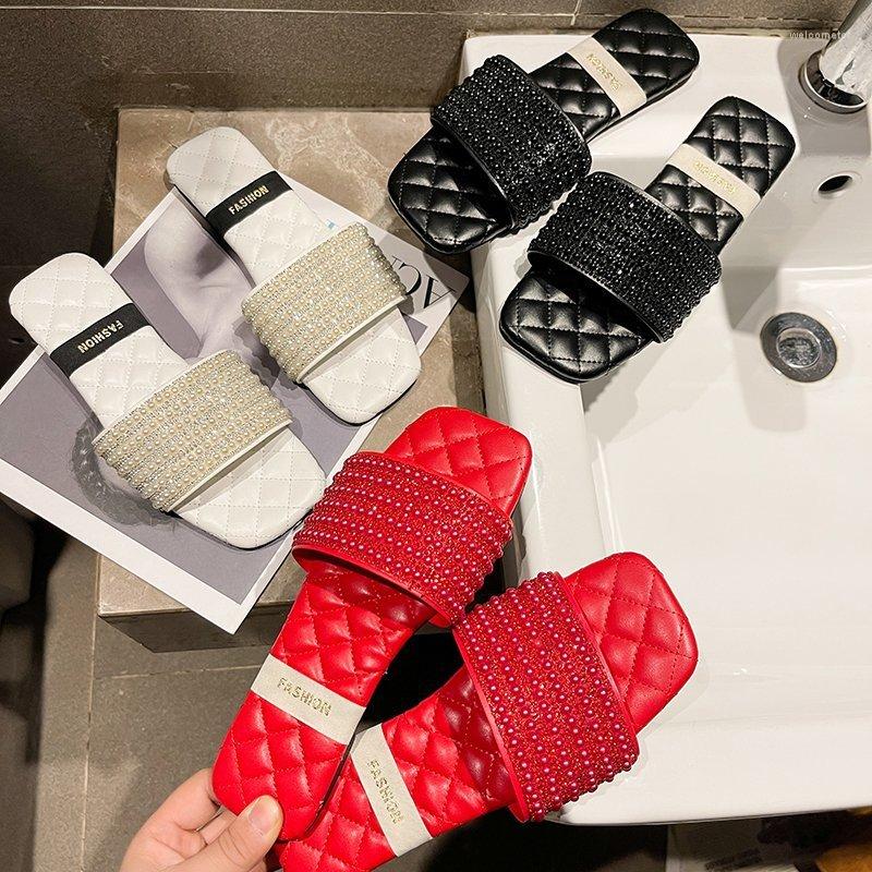 

Slippers Ladies Modern Sandals Soft Sole Outer Wear Flat Bottom Temperament PU Upper Pearl String Decorative, Black