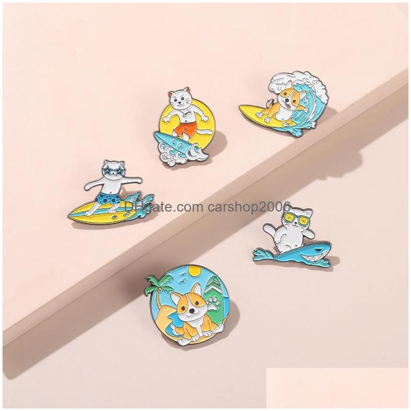 

Pins Brooches Funny Ocean Beach Enamel Pins Creative Animal Brooches 5Pcs /Set Dog Surfing Skateboard Paint Brooch For Girls Denim Dh3He