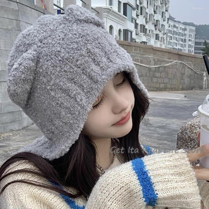 

Berets Fluffy Safety Bear Hat Women Winter Thicken Knitted Windproof Cap Cute Plush With Ear Outdoor Girls Beanies H314, White