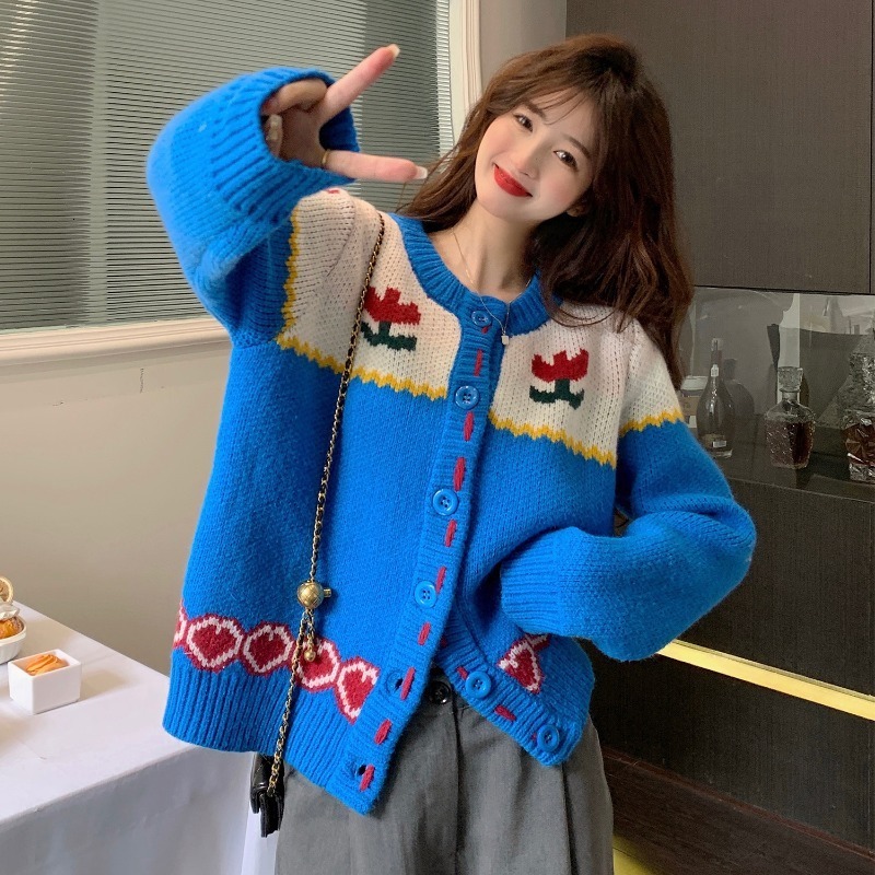 

Women s Knits Tees Korean Fashion Loose Wear Outer Coat Autumn Winter Sweet Knitted Cardigan Women Kawai Jacquard O neck Long Sleeve Sweater Female 221125, Blue