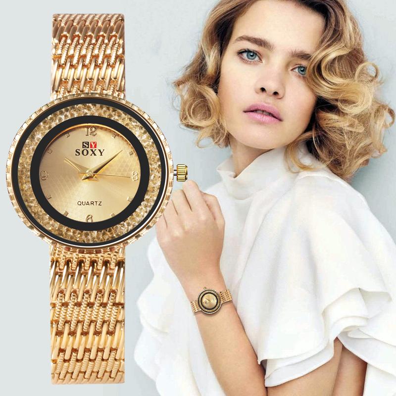 

Wristwatches Design Women Dress Watches Crystal Feminino Relogio Luxury Stainless Watch Womens Mujer Quartz Wristwatch Bayan Kol Saati, Gold