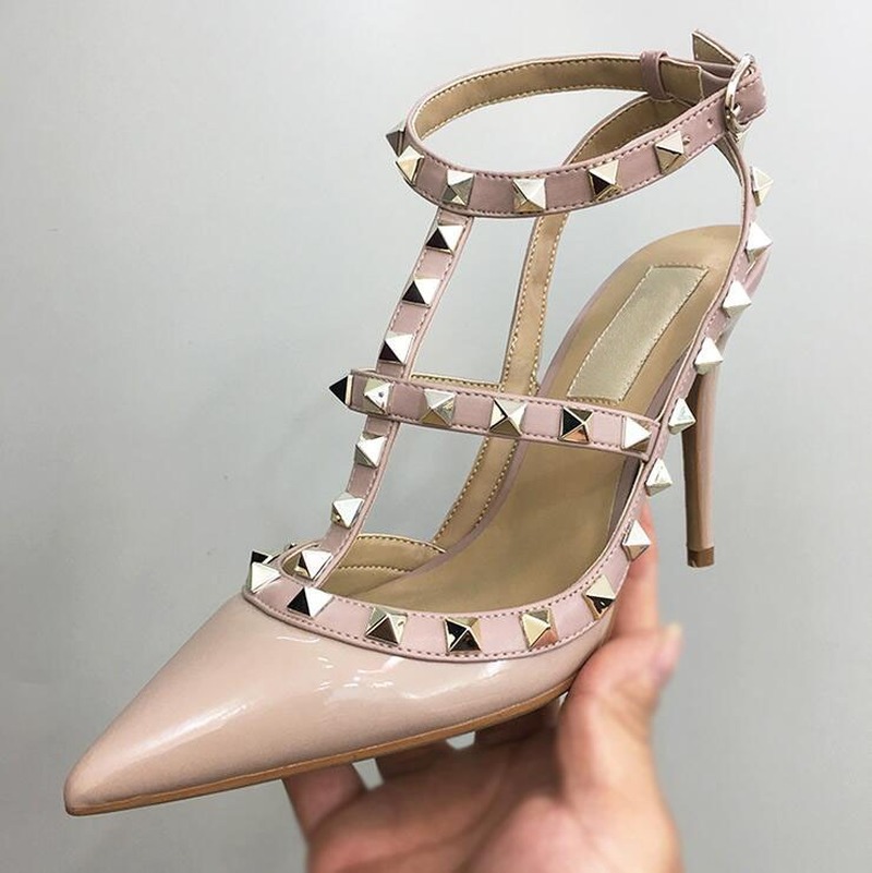 

designer women luxury sandals dress shoes rock stud high heels leather rivet black pointed peep-toes lady sexy fashion party wedding platform slide with box 33-44, 11