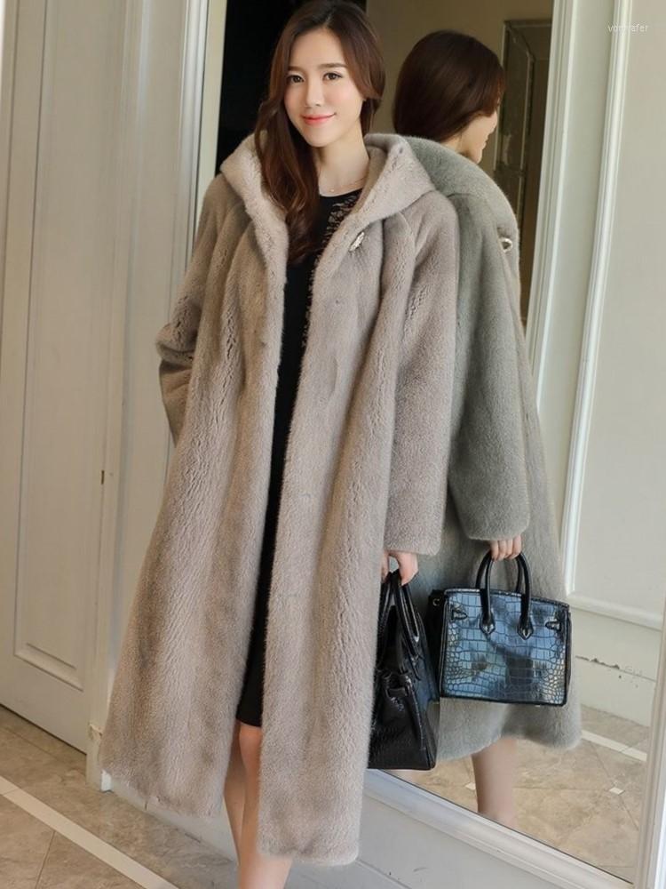

Women's Fur 2022 Mink Coat Hooded Fashion Warm Imitation Mid-length, Red