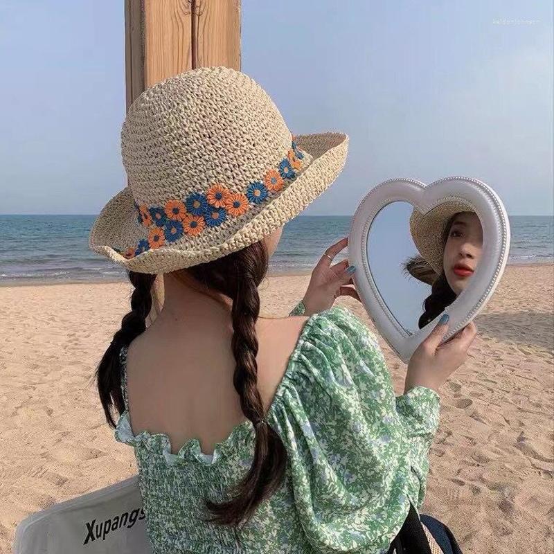 

Wide Brim Hats Summer Women Travel Shade Sweet Flowers Crochet Hand-Made Straw Hat Ladies Foldable Floppy Sun Anti-UV Beach Cap, Beige