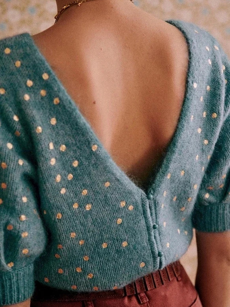 

Women s Knits Tees Women Gold Polka Dot Sweater Double sided V neck Short Sleeve Single Breasted Spring Summer Female Knit Cardigan 221125