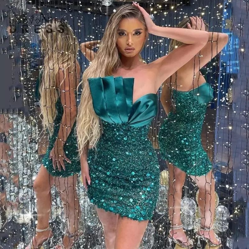 

2023 Hunter Green Beadings Short Prom Party Dress Sexy Sheath Strapless Ruffles Night Club Evening Gowns Robe De Soiree, Silver