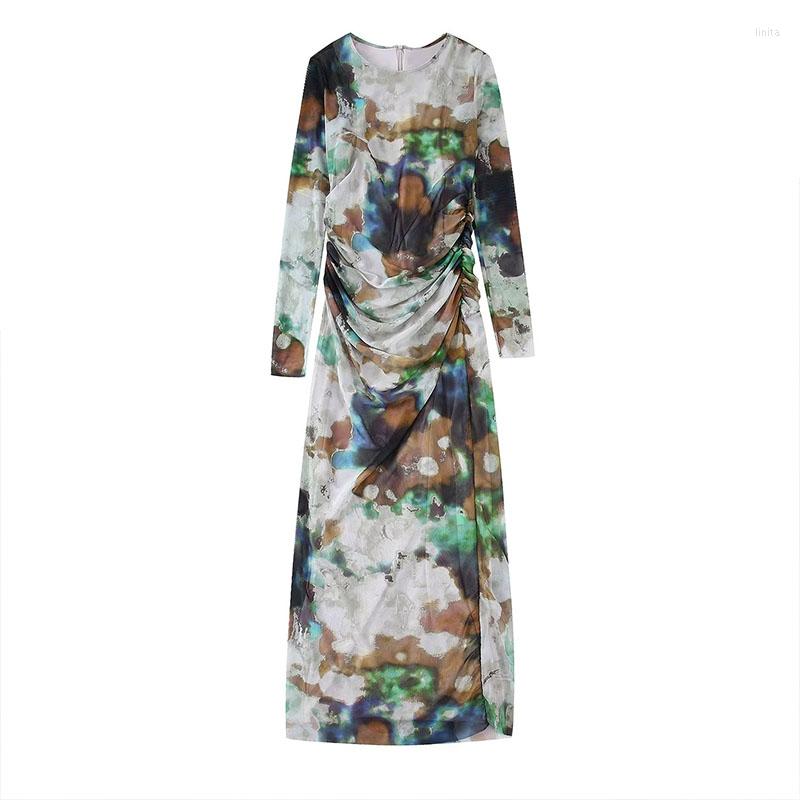 

Casual Dresses ZATRHMBM Women 2022 Autumn Fashion Tulle Print Maxi Dress Vintage Long Sleeves Folds Elegant Female Vestidos Mujer, Multi