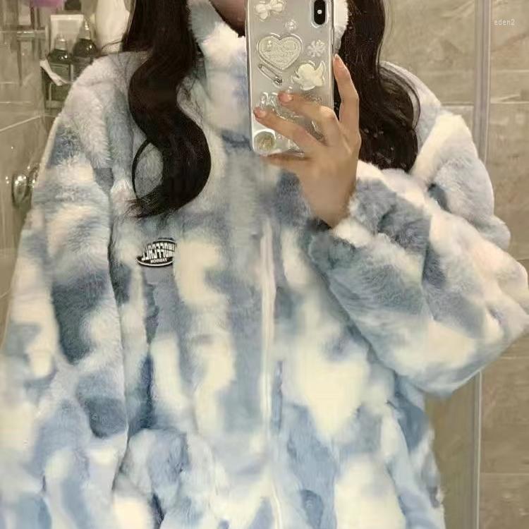 

Women's Fur 2022 Women Winter Warm Faux Coat Thick WomenOvercoat Turn Down Collar Female Casaco Feminino Tie-Dye Abrigos, Blue
