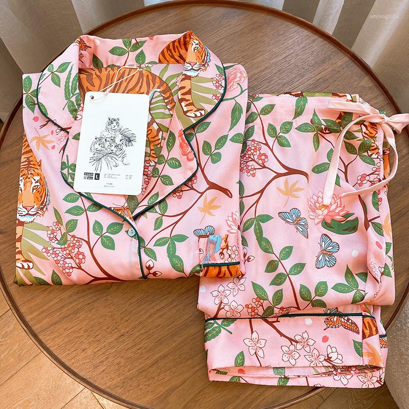 

Women's T Shirts 2022 Jungle Tiger Imitation Silk Pajamas Women Pink Long Sleeved Trousers Can Wear Outside Sleepwear Two-Piece Fashion, Short