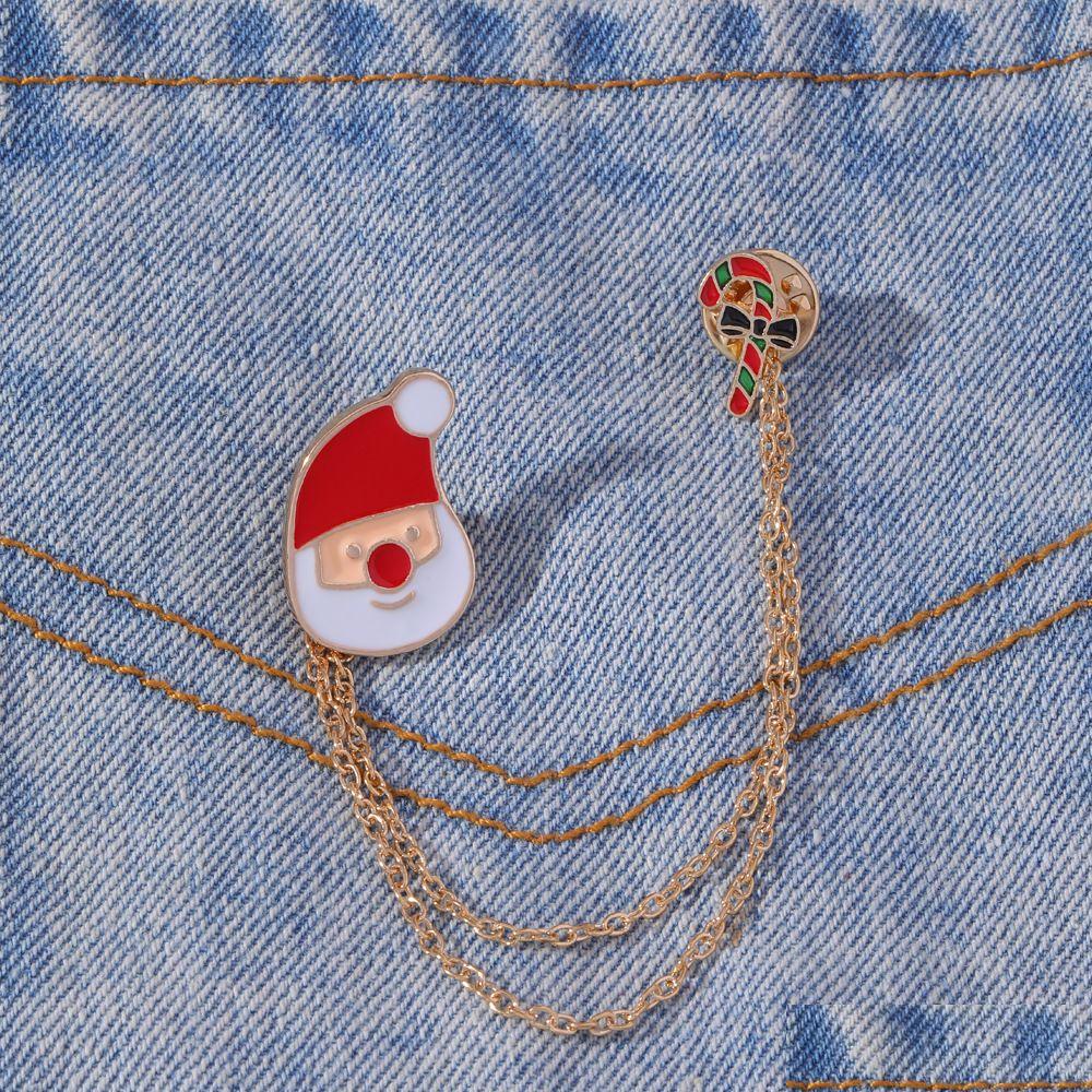 

Pins Brooches Christmas Style Chains Brooches Set 5Pcs Cute Gold Plated Pins 2022 Santa Claus Boot Tree Bell Snowman Cartoon Jewelr Dhlww