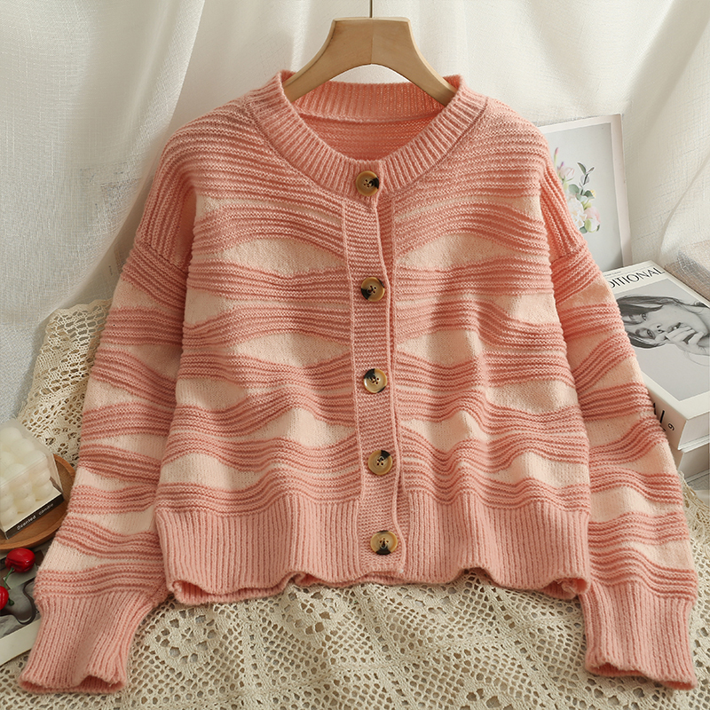 

Women  Knits Tees Women Irregular Stripe Print Korean Fashion Long Sleeve Cardigan Loose Knitwear Single Breasted Sweater Coat Autumn Knit Jacket 221125, Apricot