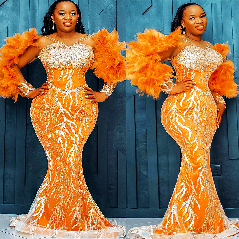 

2022 Arabic Aso Ebi Orange Mermaid Prom Dresses Sequined Lace Sexy Evening Formal Party Second Reception Birthday Engagement Gowns Dress ZJ813, Ivory