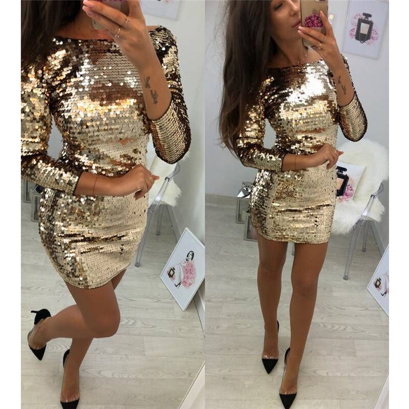 

Casual Dresses Ladies Formal Evening Party Sexy Sequin Club Short Vestidos Autumn Women Golden Sequins Bodycon Dress 221125, Gold