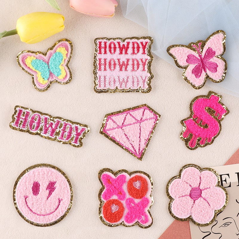 

Notions Iron on Patches Pink Smile Face Butterfly Letter Patch Cute Chenille Embroidered Decorative Appliques Sticker for Clothing Jeans Jackets Hats Bags