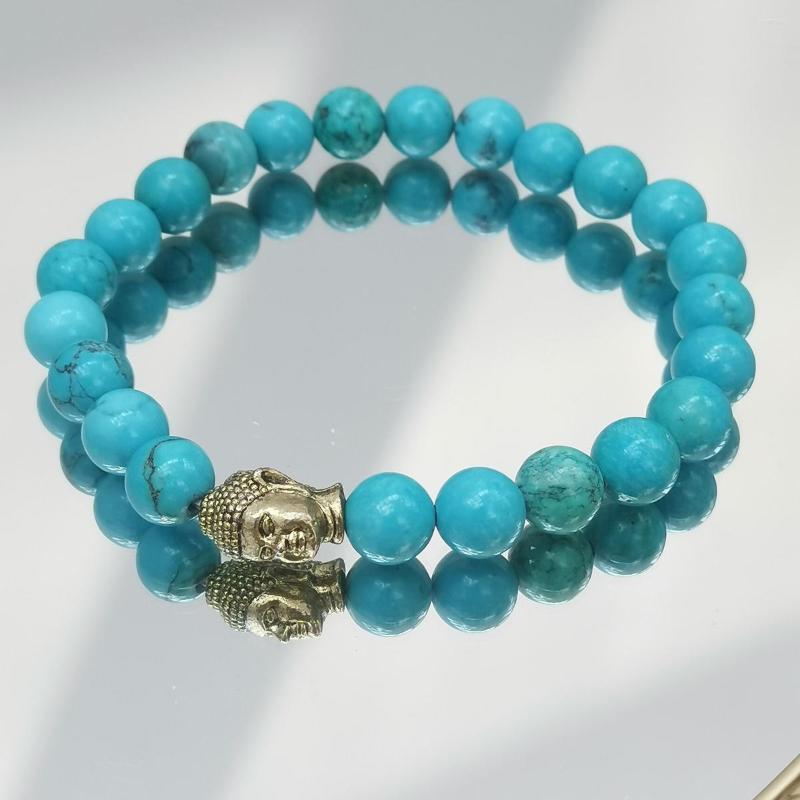 

Strand Lii Ji ReaL Stone 8mm Turquoise Copper Budda Head Bracelet Protect For Women Men