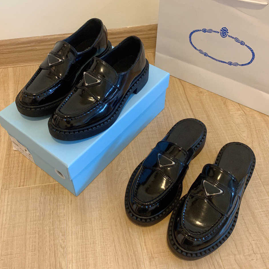 

Designer Shoes Monolith Rubber Platform Women Sneakers Black Shiny Leather Slipper Chunky Round Head Sneaker Pointed Thick Bottom Loafers Prads S90P