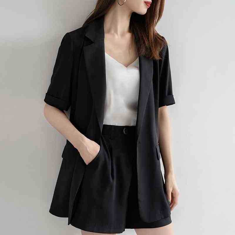 

Two Piece Blazer Suit Women Office Sets Autumn Long Sleeve Vest Blazer Shorts Solid 2 Piece Set Lady Occupation Blazers set J220813, 21