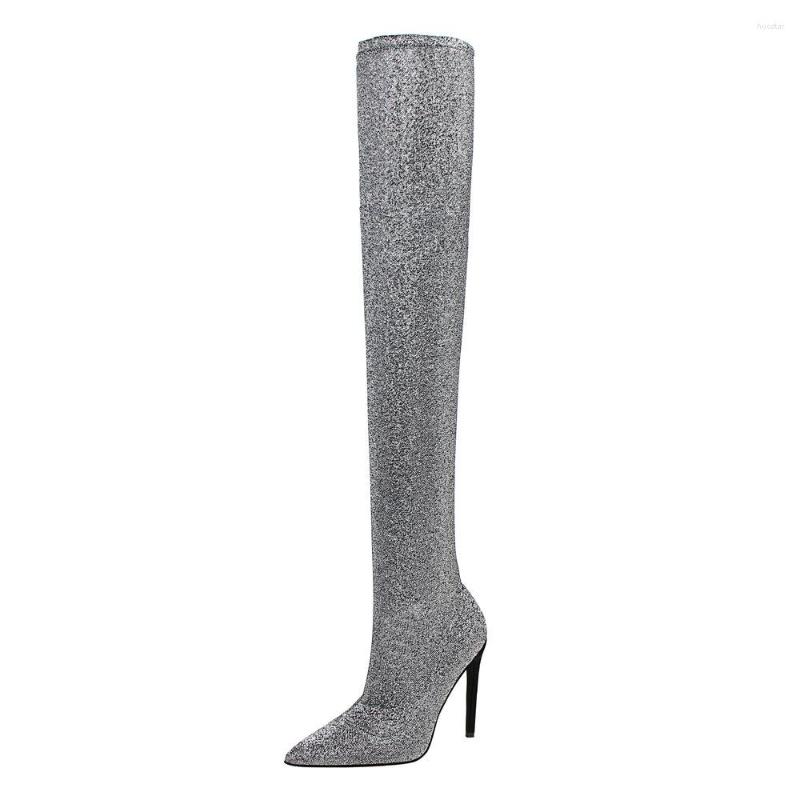 

Dress Shoes Sexy Nightclub Slim Heel Super High Pointed Sequin Cloth Long Tube Knee Boots, Black