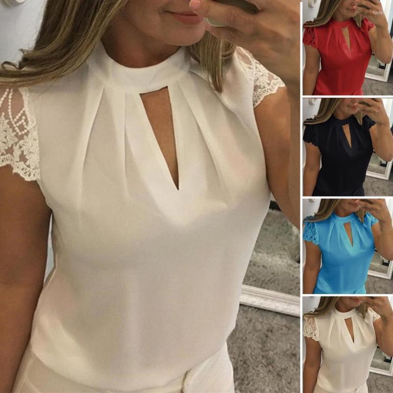 

Women's Blouses Women Shirt O-neck Short Sleeve Pleated Hollow Out Summer Blouse Chic Lace Patchwork Female Streetwear, White