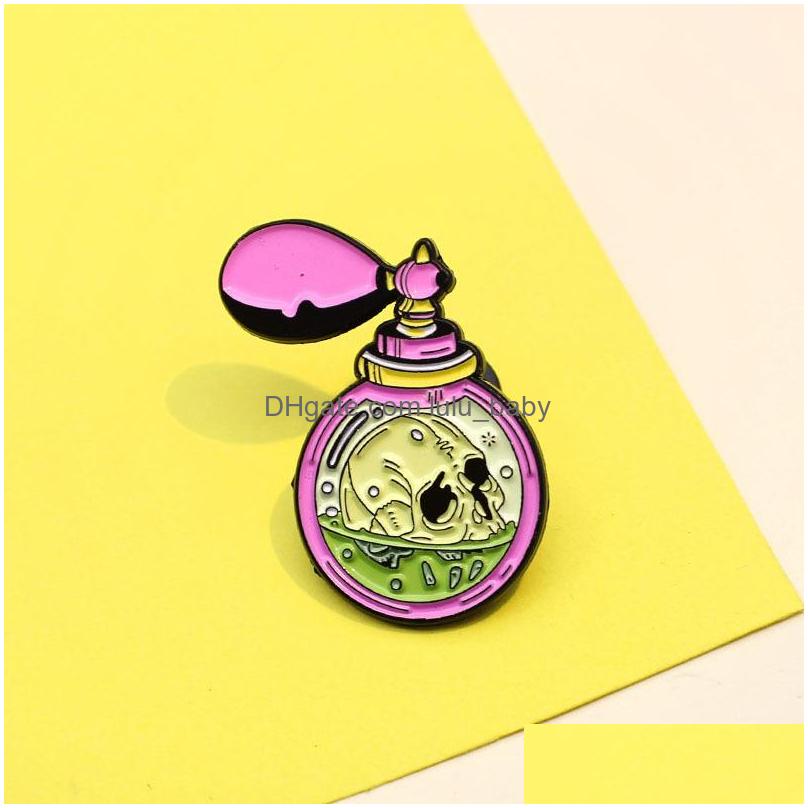 

Pins Brooches Cartoon Fashion Enamel Paint Brooch For Women Trendy Mysterious Per Bottle Skl Head Creative Alloy Badge Denim Shirt Dhowm