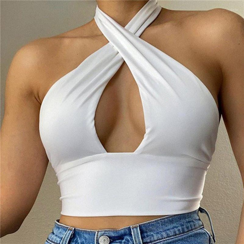 

Women' Tanks Women Cross V Neck Halter Solid Color Tank Tops Camisole Female Sleeveless T-Shirts Vest Tee Ladies Sexy Slim Summer Crop, Red wine