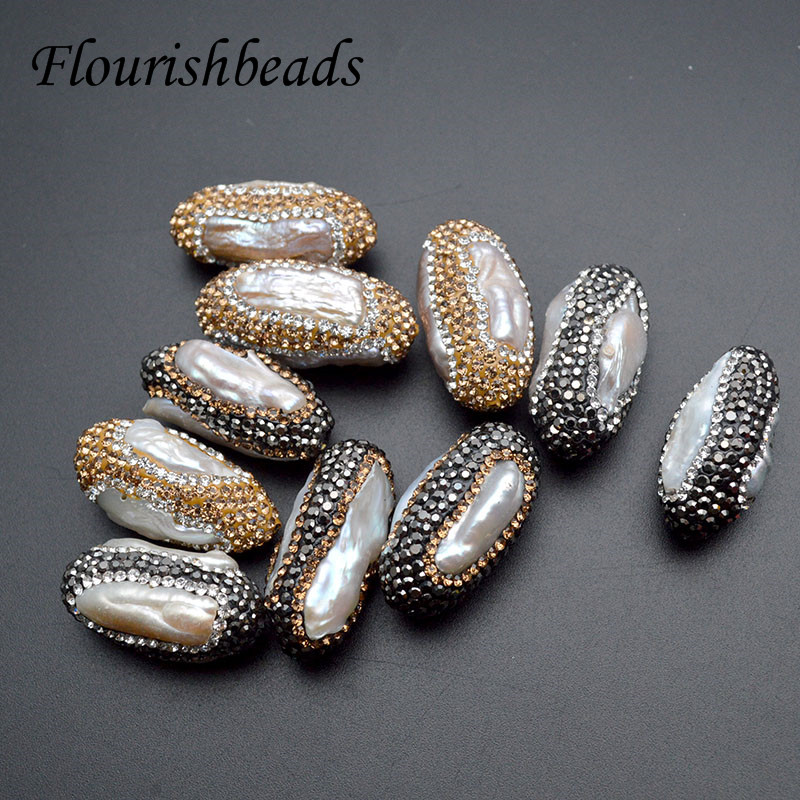 

Paved Crystal Natural White Pearl Irregular Fat Round Tube Through Hole Loose Beads DIY Jewelry Supplies 10pcs/lot