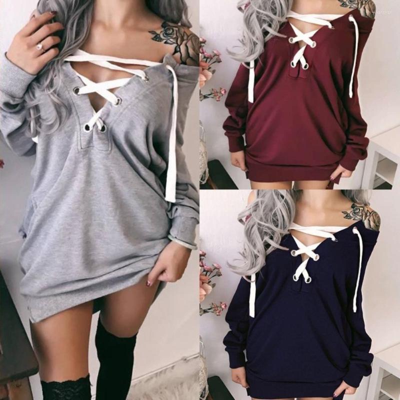 

Women' Hoodies 2022 Women Autumn Solid Color Long Sleeve Sexy Deep V Neck Tops Front Lacing Midi Pullover Sweatshirt Chic Concise Shirt, Wine red