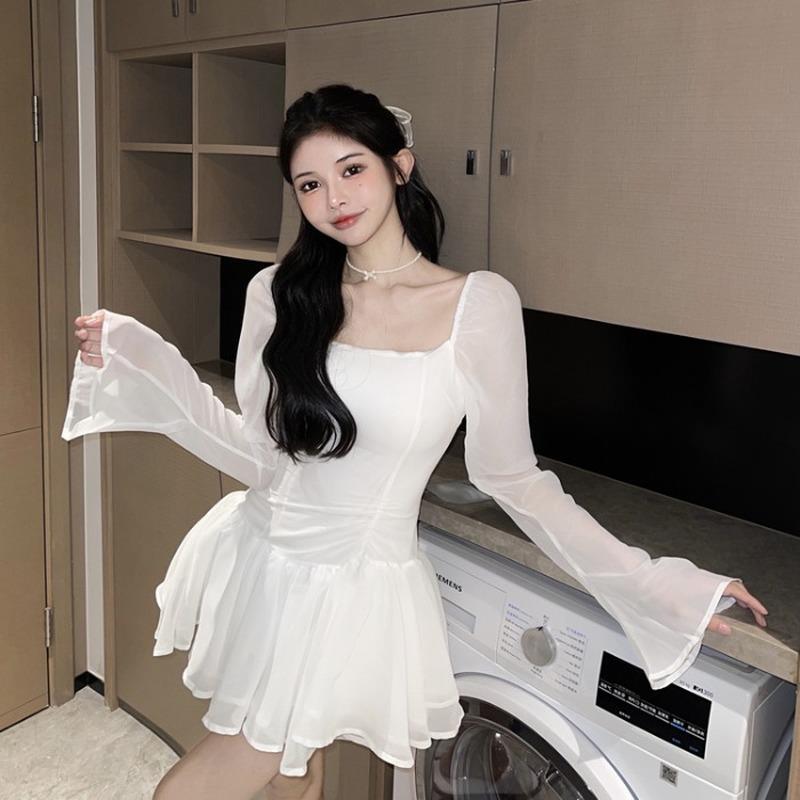 

Casual Dresses 2022 Women' Clothing Early Autumn Square Collar Chiffon Slim Flare Sleeve Mini-dress Korean Style Net Yarn Solid Color, White