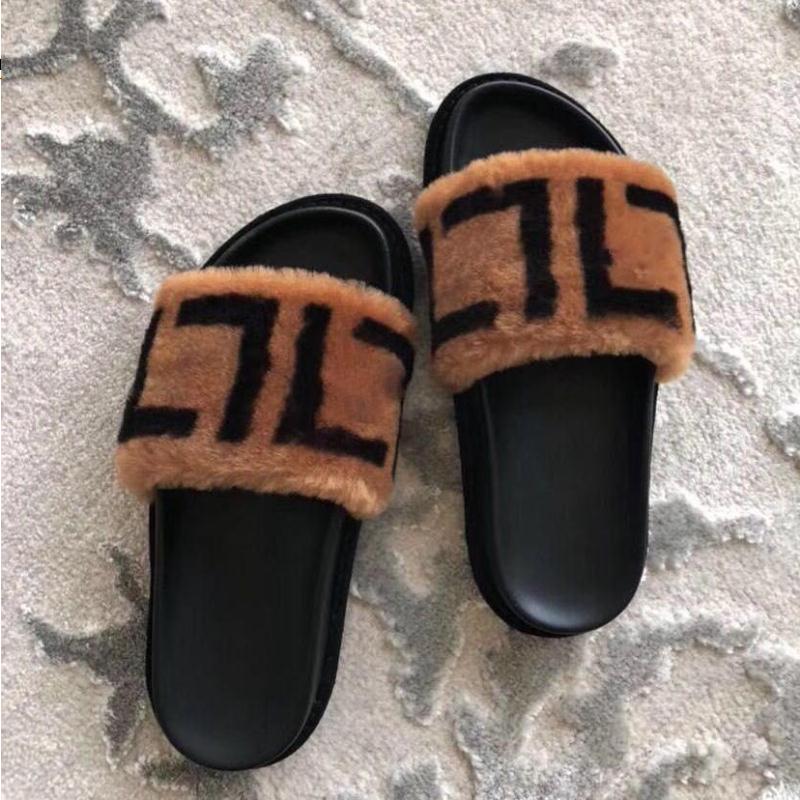 Top quality Letter motif Pool fur Slide Sandals women slippers Brown casual flat Slip On open toe shoes flats sandal luxury designers s Robx