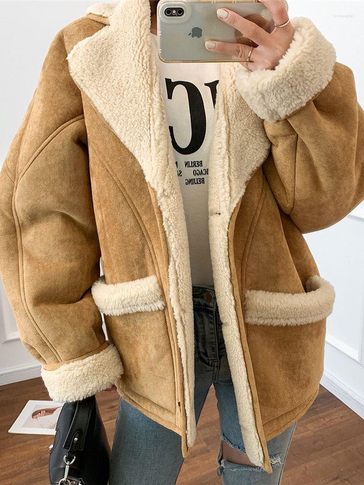 

Women' Fur Winter 2022 Warm Faux Leather Coat Loose Large Turn-down Collar Fashion Single-Breasted Jacket Outwear Tops
