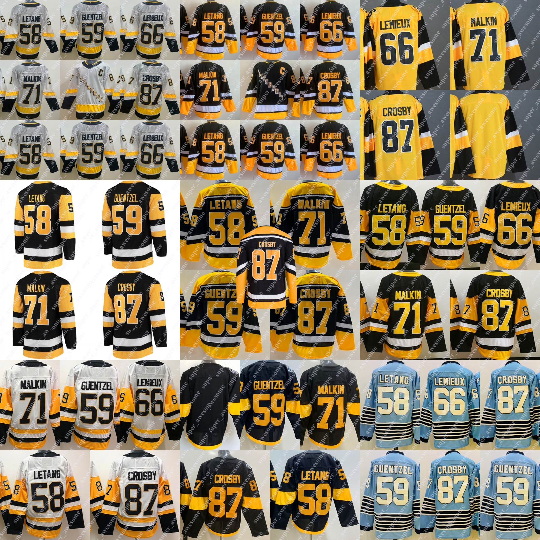 

87 Sidney Crosby Jersey 58 Kris Letang 59 Jake Guentzel 66 Lemieux 71 Evgeni Malkin Hockey Jerseys White Black Yellow Light Blue Stadium Series Reverse Retro Stitched, 6yellow