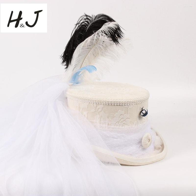 

Berets 13.5CM 4 Size White Wool Women Bride Handwork Fedora Top Hat Lady Mesh Traditional Feather Party Wedding, Black 59cm